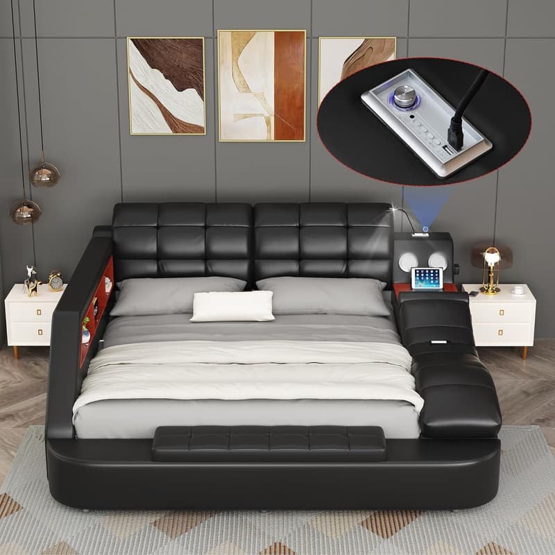 Smart Queen Size Bed Frame with Massage, Bluetooth & Storage