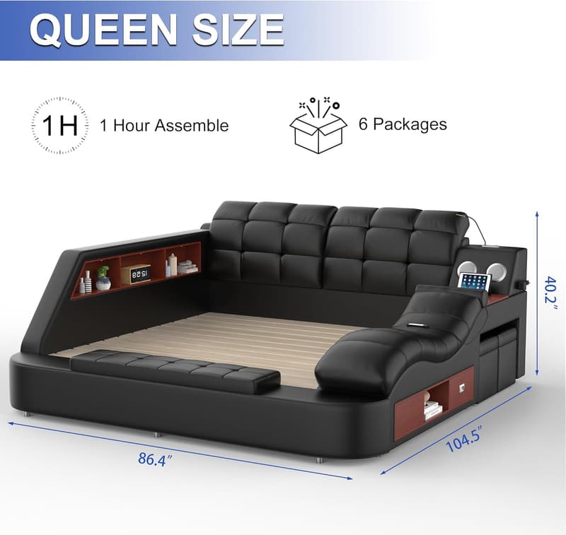 Smart Queen Size Bed Frame with Massage, Bluetooth & Storage