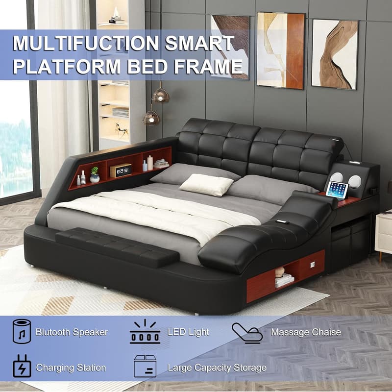 Smart Queen Size Bed Frame with Massage, Bluetooth & Storage