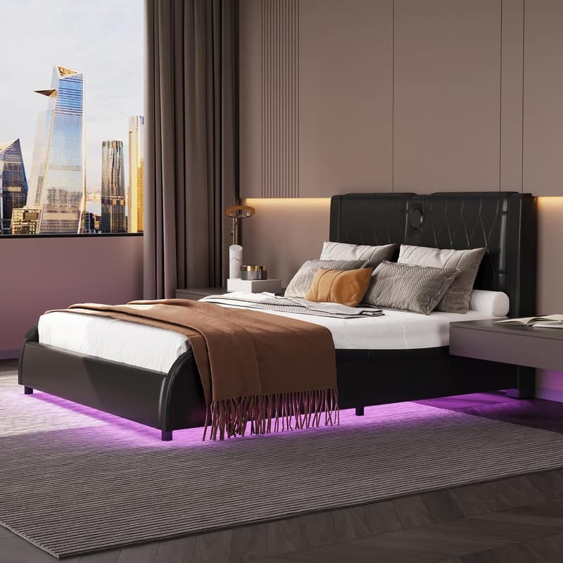 Modern LED Platform Bed Frame with Bluetooth Speaker & USB Ports
