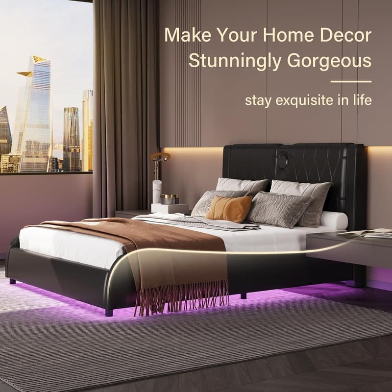 Modern LED Platform Bed Frame with Bluetooth Speaker & USB Ports