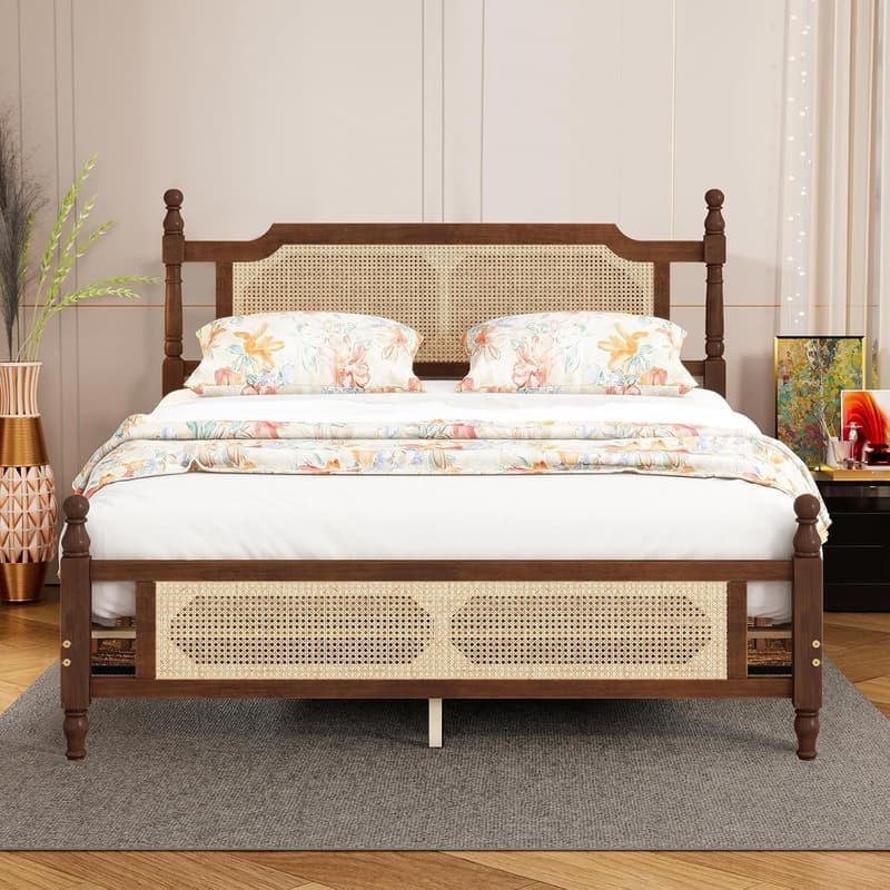 Retro Queen Platform Bed Frame with Rattan Headboard & Storage