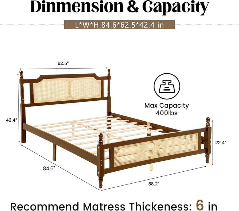 Retro Queen Platform Bed Frame with Rattan Headboard & Storage