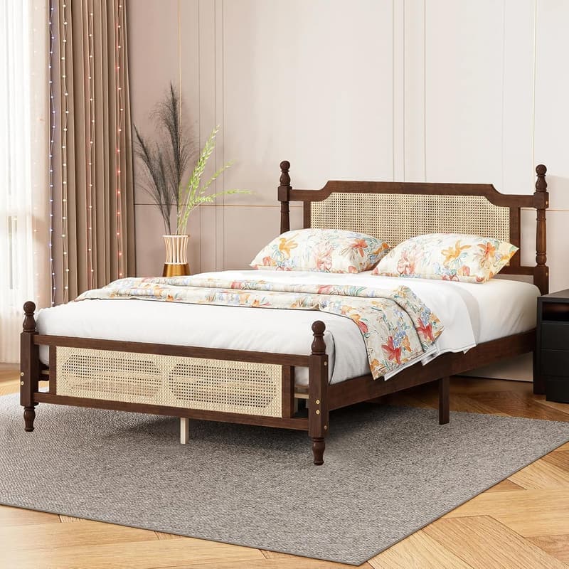 Retro Queen Platform Bed Frame with Rattan Headboard & Storage