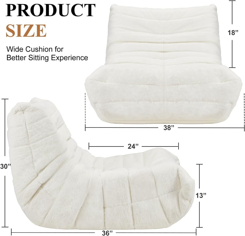 Memory Foam Bean Bag Chair for Adults - White Plush Lounger