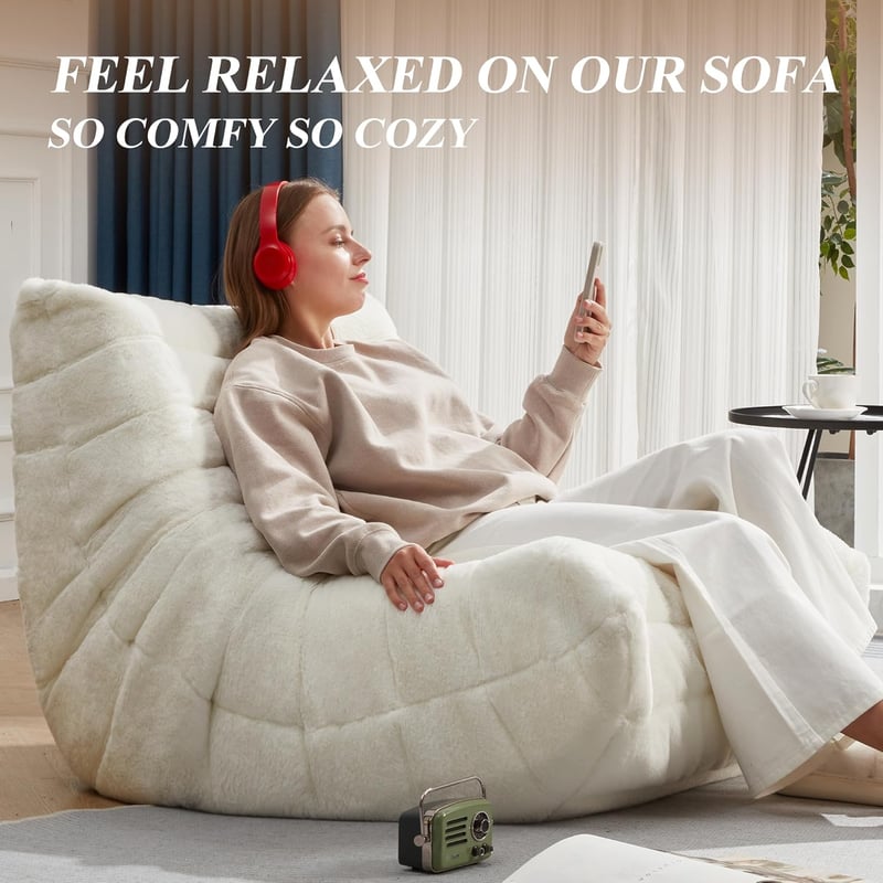 Memory Foam Bean Bag Chair for Adults - White Plush Lounger