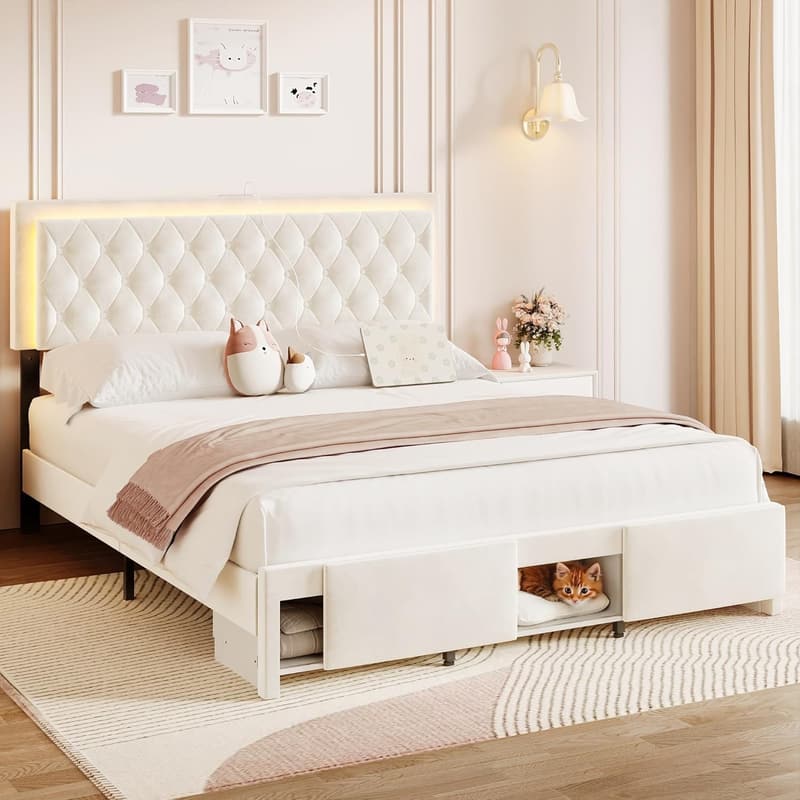 Full Size Velvet Bed Frame with Storage & LED Headboard