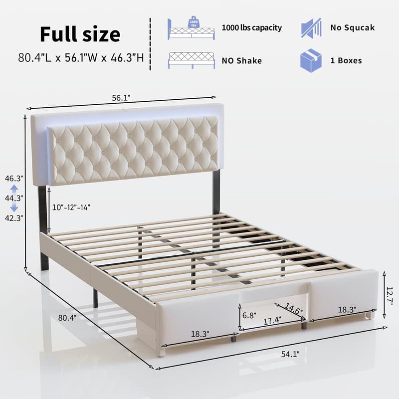 Full Size Velvet Bed Frame with Storage & LED Headboard