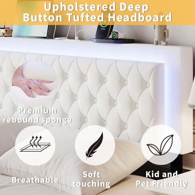 Full Size Velvet Bed Frame with Storage & LED Headboard