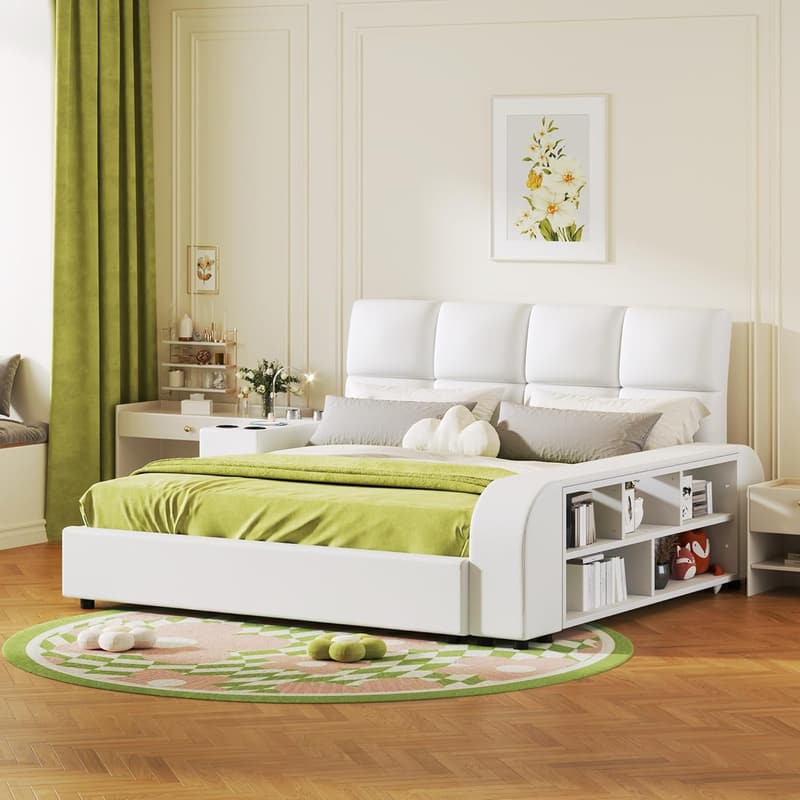 Queen Size Upholstered Platform Bed with Storage and Nightstand