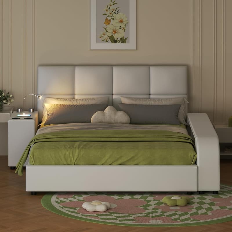 Queen Size Upholstered Platform Bed with Storage and Nightstand