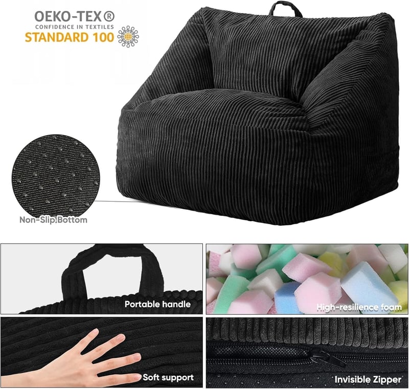 Giant Black Bean Bag Chair with Memory Foam and Removable Cover