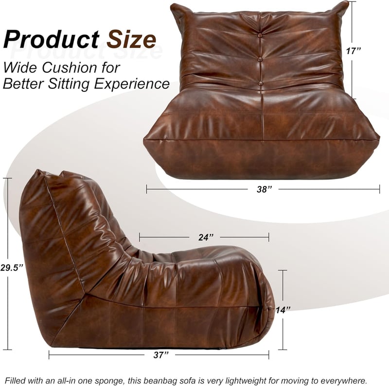 Giant Memory Foam Bean Bag Chair for Adults - Brown Faux Leather