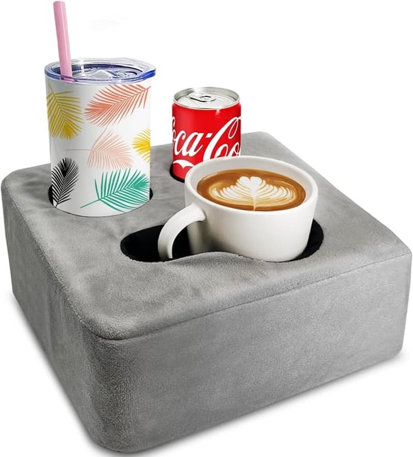 Couch Cup Holder Pillow Tray - Grey, Spill-Proof Design for Home & Travel