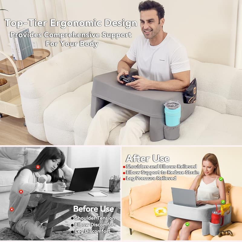 Ultimate Gaming Reading Pillow with Cup Holder - Gray