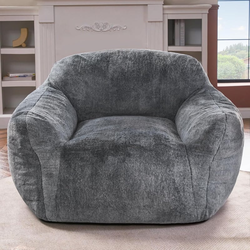 Oversized Grey Bean Bag Chair for Adults with Armrest