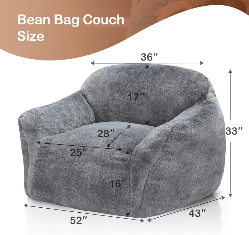 Oversized Grey Bean Bag Chair for Adults with Armrest
