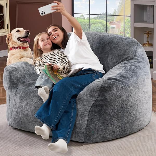 Oversized Grey Bean Bag Chair for Adults with Armrest