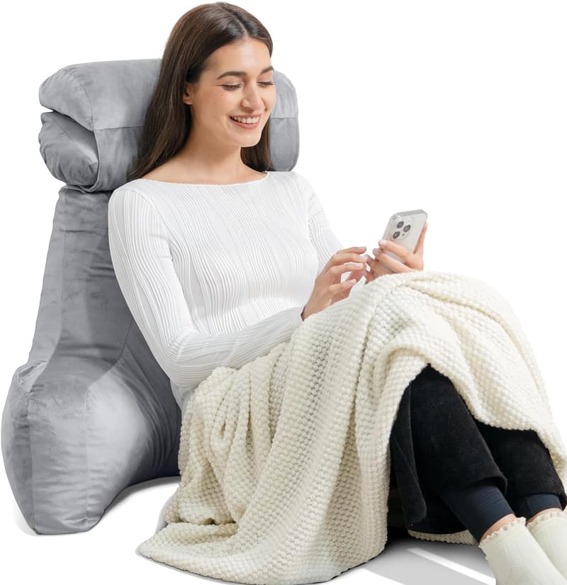 Extra Large Grey Reading Pillow with Detachable Neck Roll