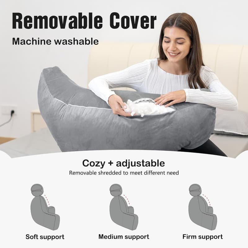 Extra Large Grey Reading Pillow with Detachable Neck Roll