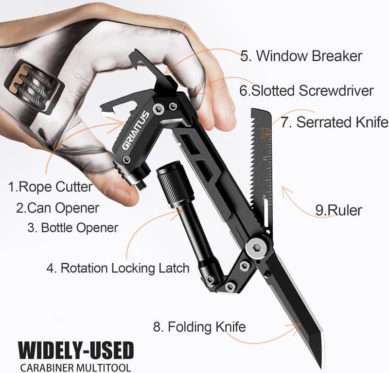 8-in-1 Carabiner Multitool for Camping and Climbing
