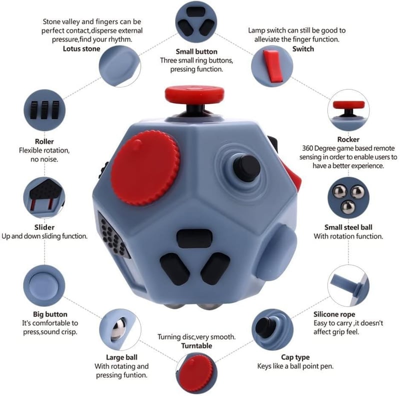 12-Sided Stress Relief Fidget Cube for Kids and Adults (Grey)