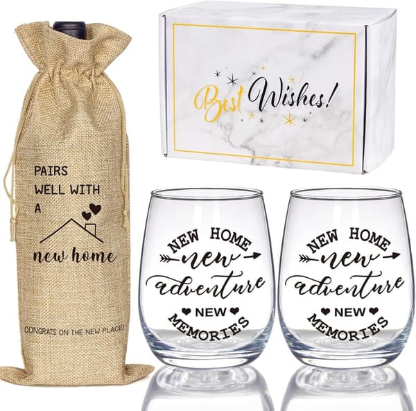 Housewarming Gift Set: Stemless Wine Glass & Bottle Bag for Couples