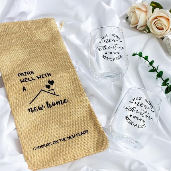 Housewarming Gift Set: Stemless Wine Glass & Bottle Bag for Couples