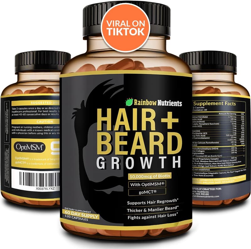 Men's Hair & Beard Growth Vitamins - Biotin 10,000mcg, Collagen, 60-Day Supply