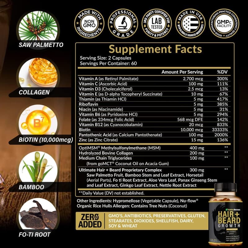 Men's Hair & Beard Growth Vitamins - Biotin 10,000mcg, Collagen, 60-Day Supply
