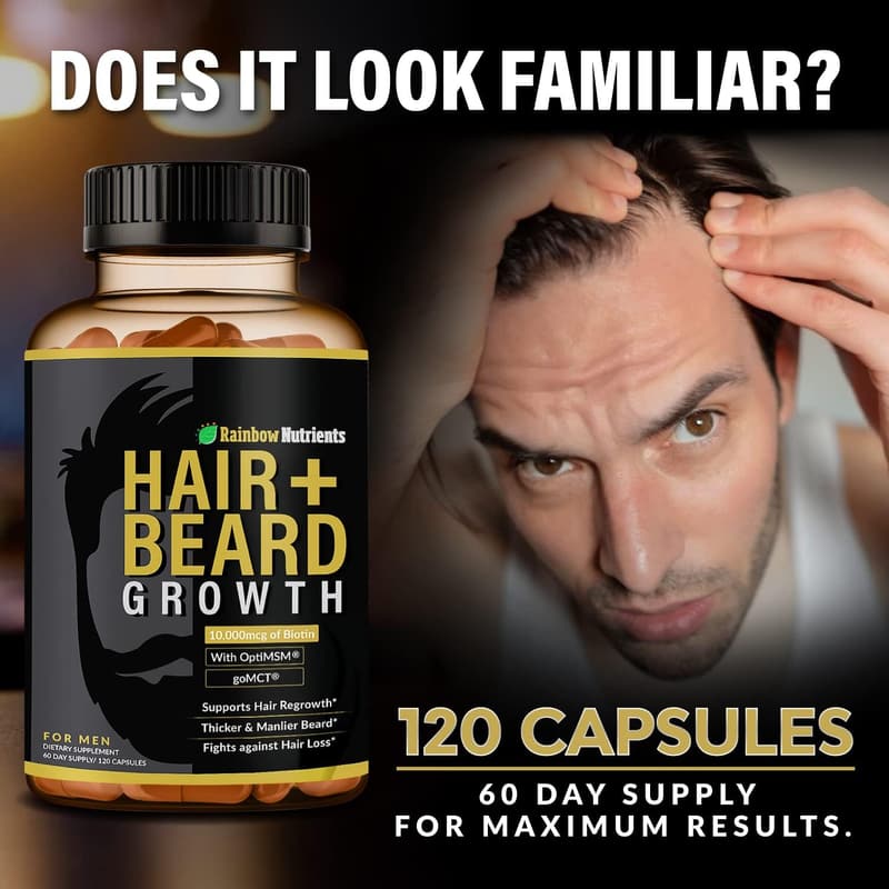 Men's Hair & Beard Growth Vitamins - Biotin 10,000mcg, Collagen, 60-Day Supply