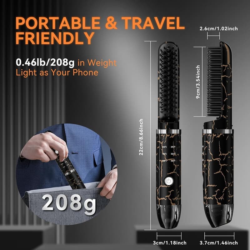 Cordless Beard Straightener Brush for Men - 3 Temp Settings