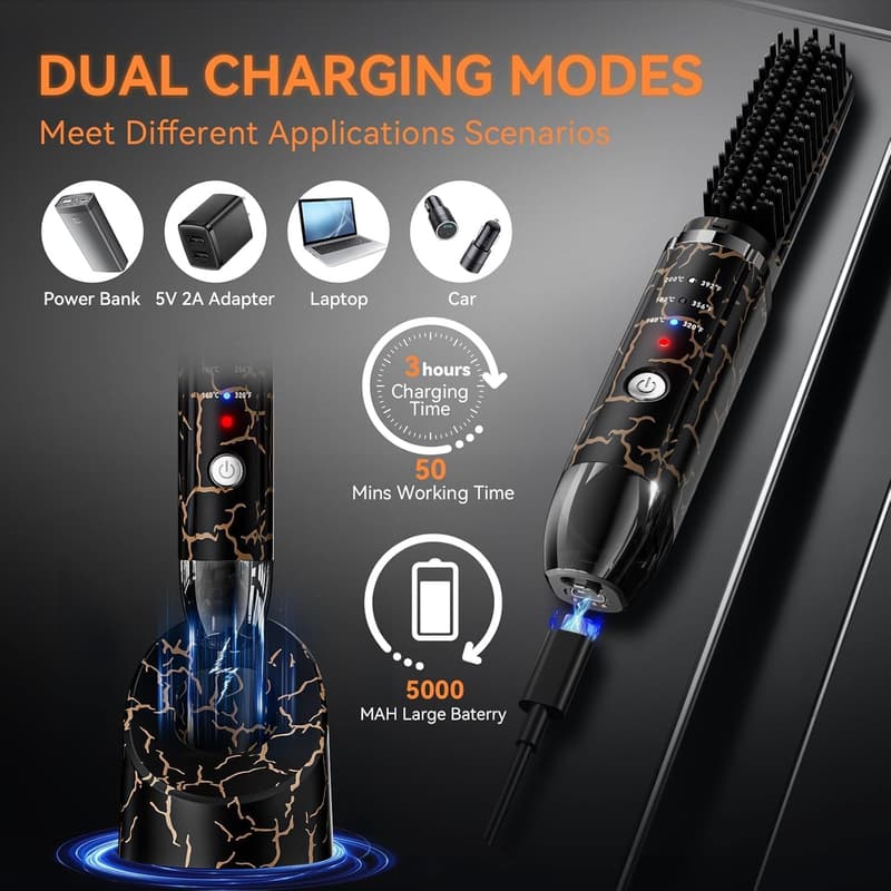 Cordless Beard Straightener Brush for Men - 3 Temp Settings