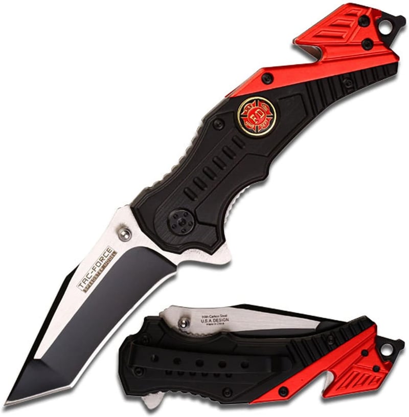 Tactical Folding Pocket Knife with Fire Dept Logo and Glass Punch