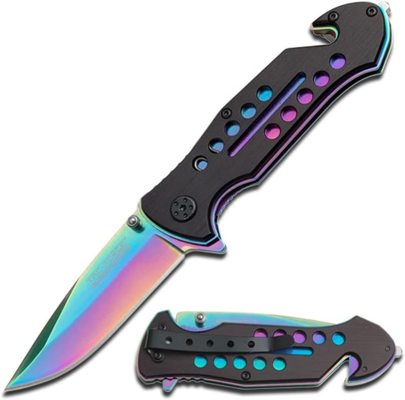 Tactical Folding Pocket Knife with Rainbow Blade and Black Handle