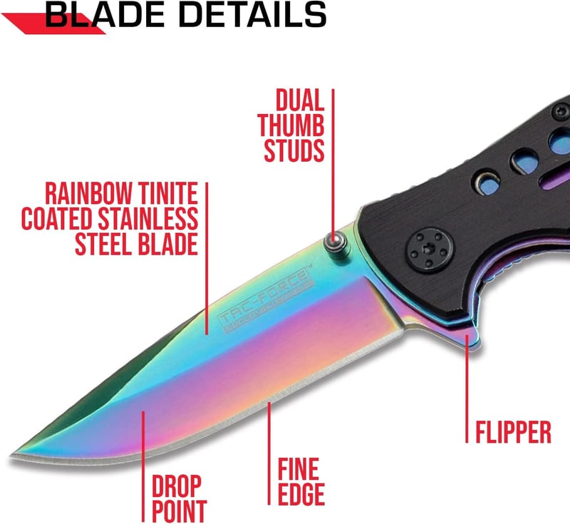 Tactical Folding Pocket Knife with Rainbow Blade and Black Handle