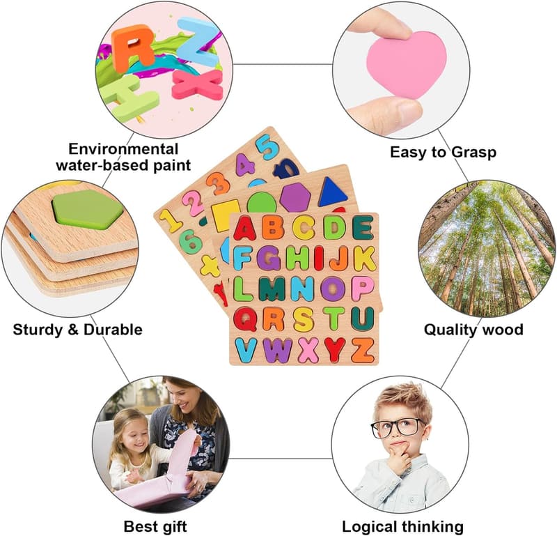 Preschool Alphabet & Number Wooden Puzzles for Toddlers