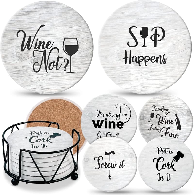 Funny Wine Lovers Coasters Gift Set - 6 Absorbent Ceramic Pieces