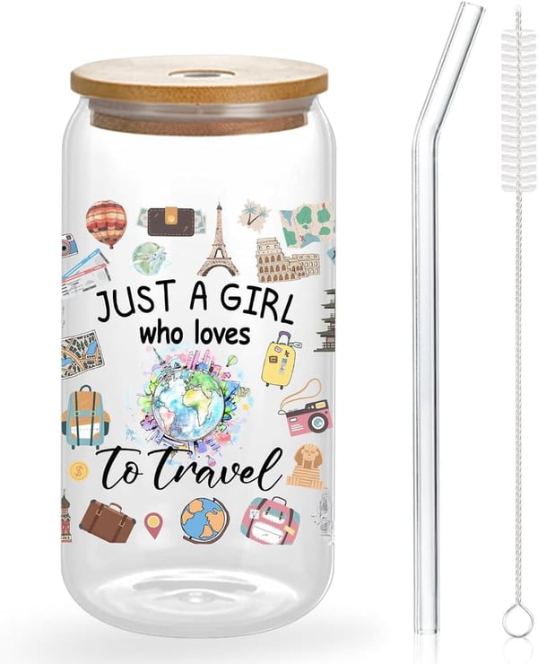 Travel Lover Gift: Cute 16 Oz Glass Tumbler with Lid & Straw