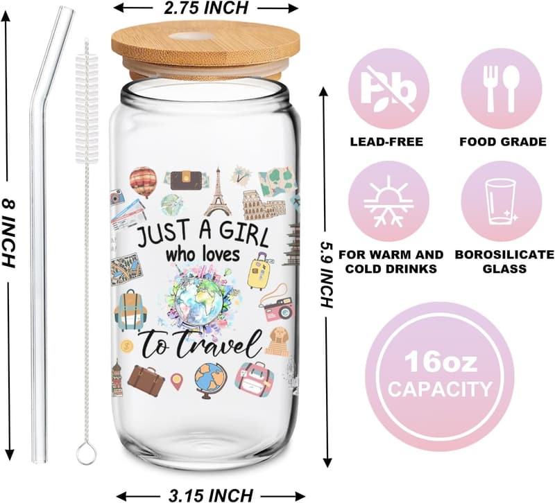 Travel Lover Gift: Cute 16 Oz Glass Tumbler with Lid & Straw