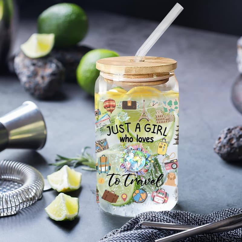 Travel Lover Gift: Cute 16 Oz Glass Tumbler with Lid & Straw