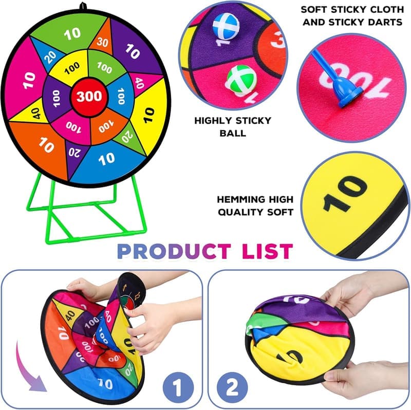 Kids Double-Sided Dart Board with Sticky Balls - Indoor/Outdoor Fun