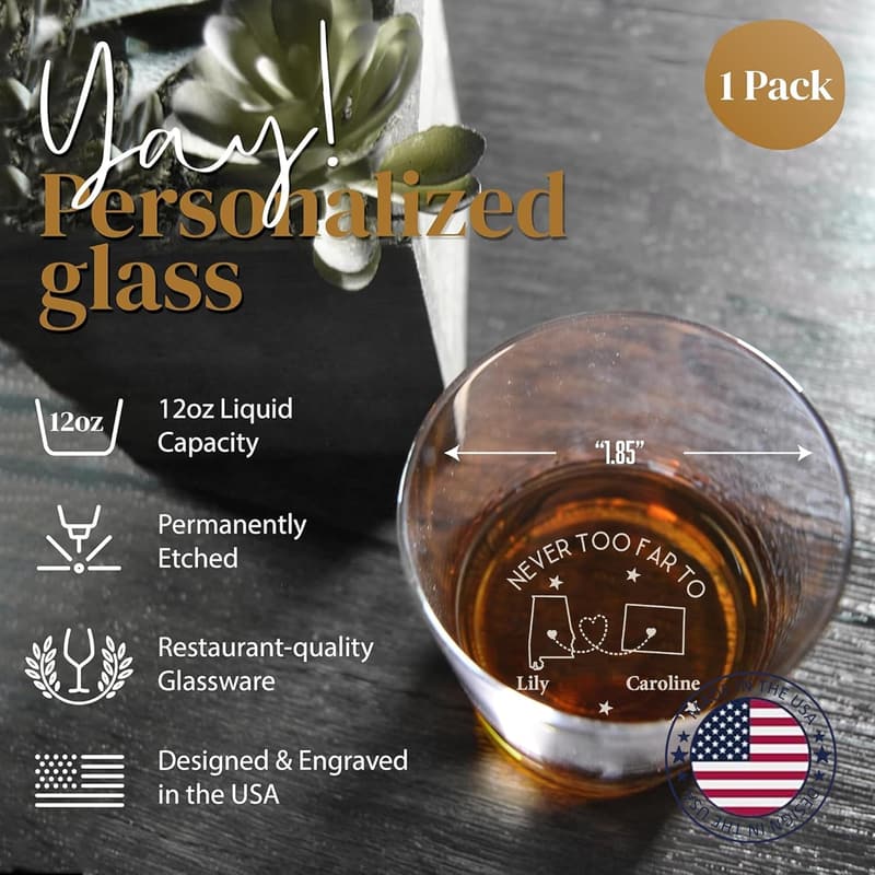 Long Distance Friendship Whiskey Glass - Custom Engraved Gift
