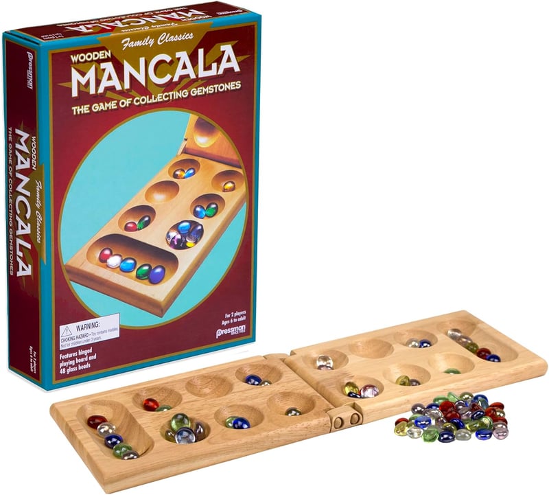 Real Wood Mancala Set with Multicolor Stones - 2 Players