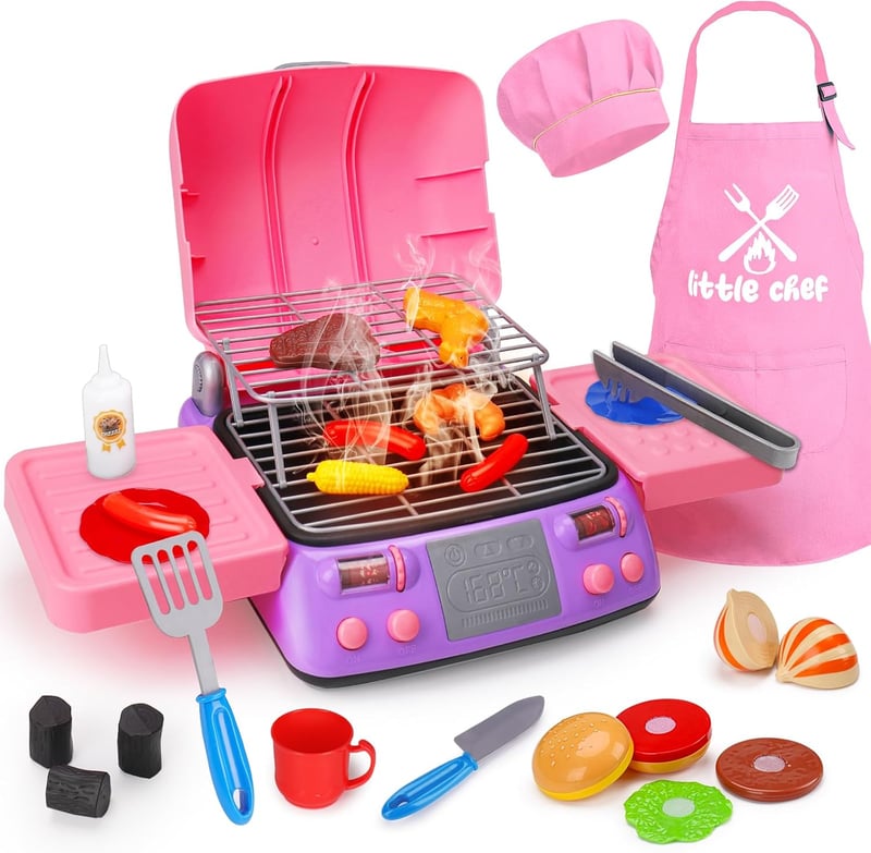 Toddler Girl BBQ Grill Playset with Apron and Hat - Pink