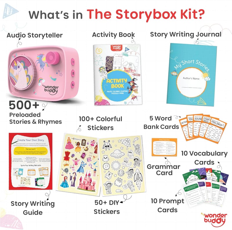 Unicorn Story Box Audio Player with DIY Art Kit - Birthday Gift for Kids 3+