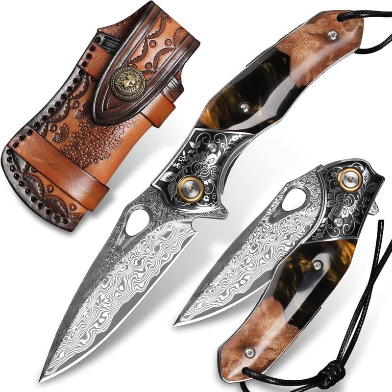 Handmade Damascus Steel Folding Knife with Maple Handle