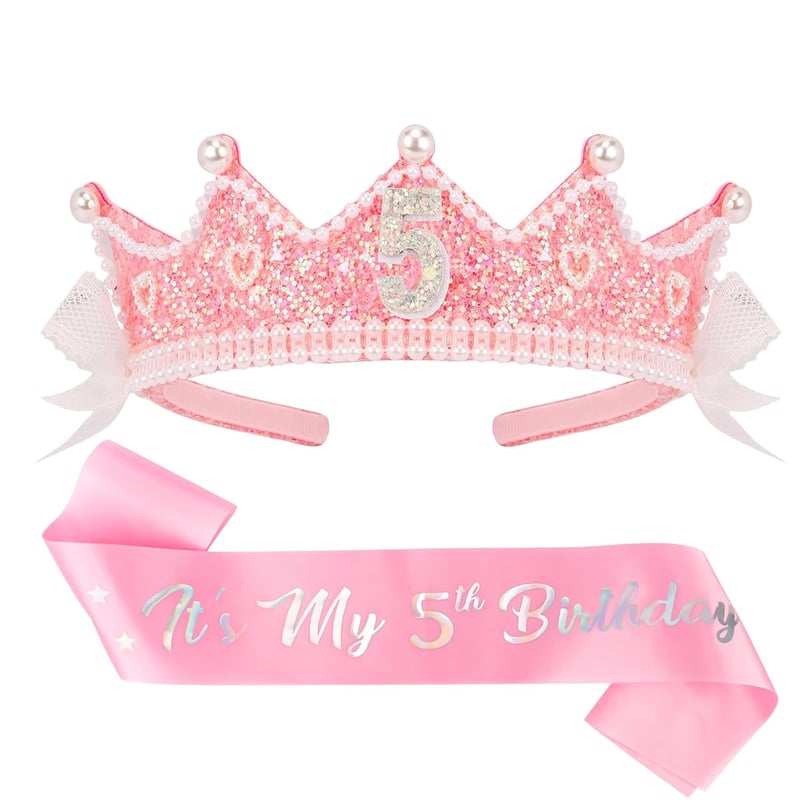 5th Birthday Girl Crown Headband with Sash - Princess Pink