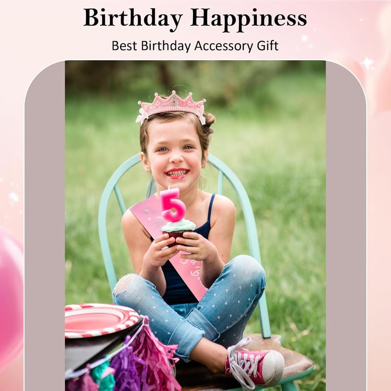 5th Birthday Girl Crown Headband with Sash - Princess Pink
