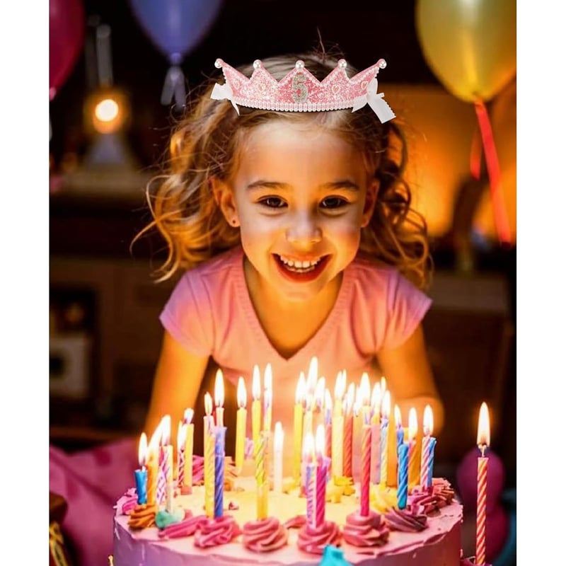 5th Birthday Girl Crown Headband with Sash - Princess Pink